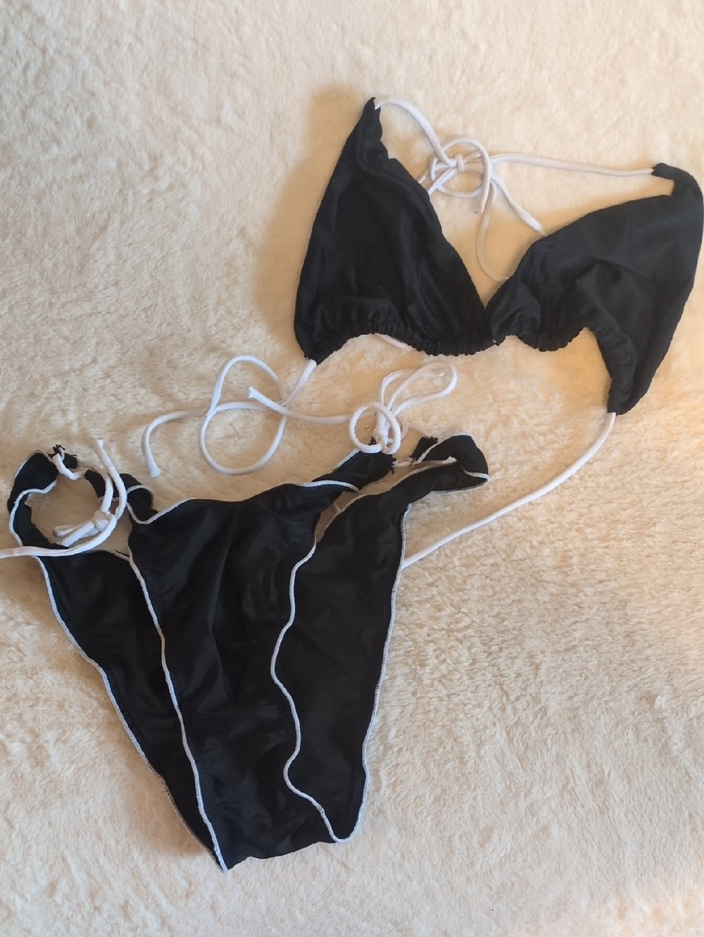 Princess Polly Black Triangle String Bikini with White Trim - Women Swim